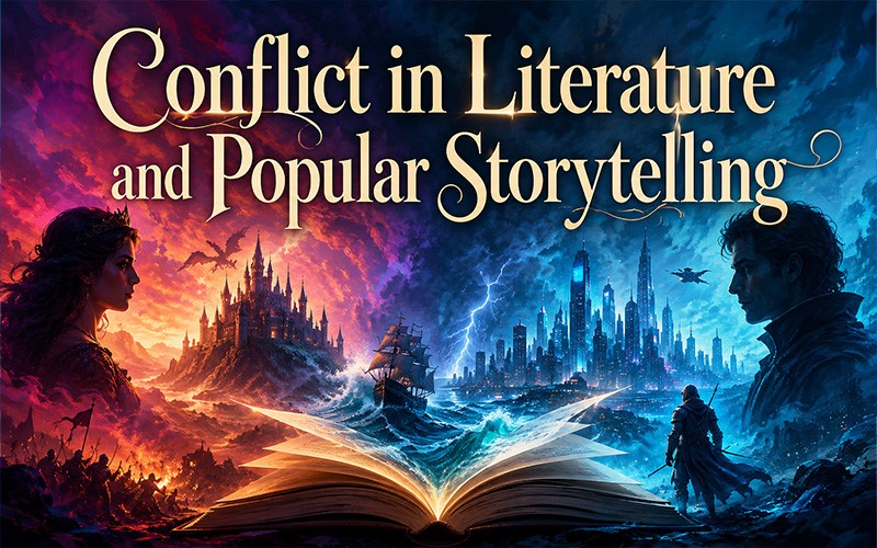 Conflict examples in literature and popular storytelling illustrated through opposing fantasy and futuristic characters and settings.
