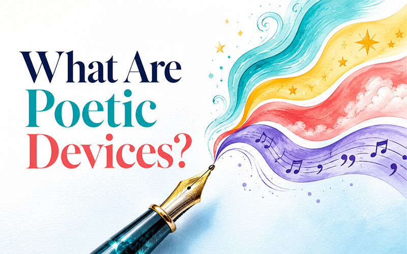 Fountain pen releasing colorful waves of symbols and musical notes to illustrate what poetic devices are and how they shape poetry.
