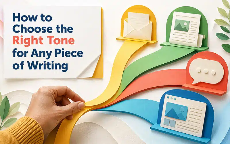 Hand selecting colorful content paths for email, article, social media, and web formats, illustrating how to choose the right tone for any piece of writing.
