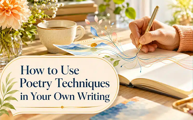 Hand writing in an open notebook with flowing artistic lines and nature-inspired imagery, illustrating how to use poetry techniques in your own writing.