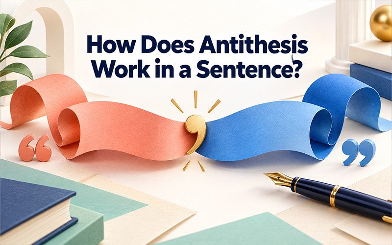 How does antithesis work in a sentence showing antithesis examples through contrasting ideas, balanced sentence structure, quotation marks, and writing concepts.