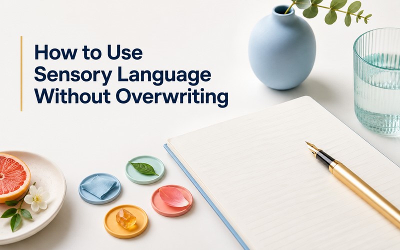 How to use sensory language in writing without overwriting, illustrated with a notebook and five senses elements.
