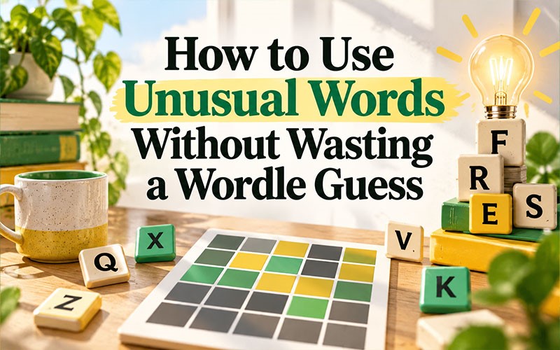 How to use unusual words in Wordle featuring uncommon letter tiles and a puzzle grid for making strategic Wordle guesses.