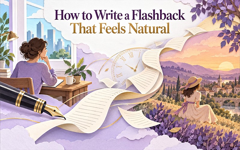 How to write a flashback that feels natural with a writer, flowing pages, clock, and scenic memories illustrating flashback writing techniques and storytelling methods.