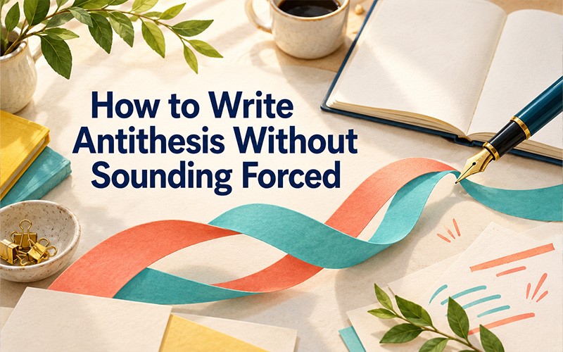 How to write antithesis without sounding forced showing writing tools, an open notebook, and balanced flowing elements representing antithesis examples and effective sentence construction.
