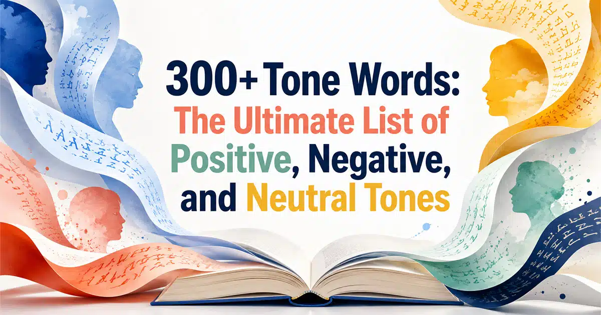 Illustrated open book with colorful human profiles representing 300+ tone words, including positive, negative, and neutral tones.