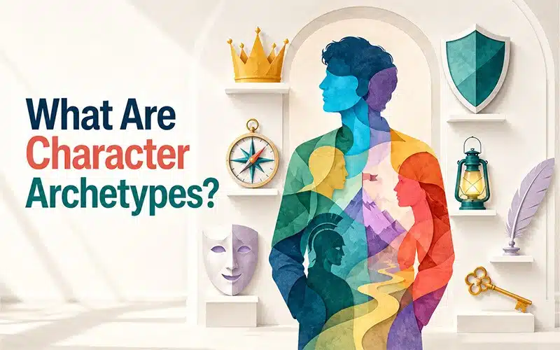 Illustration explaining what character archetypes are through recurring character motivations and personality patterns.