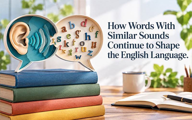 Illustration showing how words with similar sounds continue to shape the English language through speech symbols, letters, and vocabulary concepts.