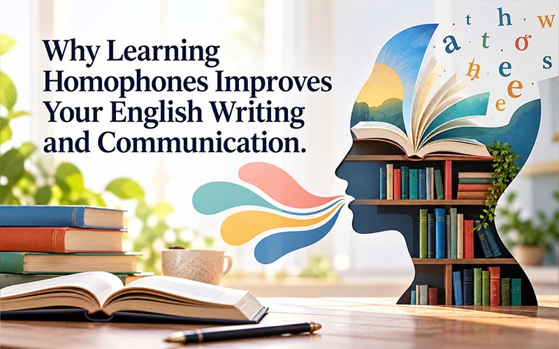 Illustration showing why learning homophones improves English writing and communication with books, vocabulary symbols, and language concepts.