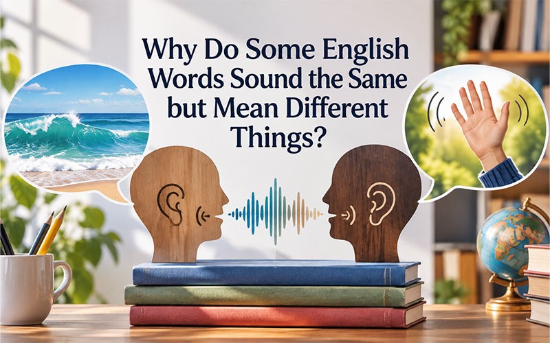 Illustration showing why some English words sound the same but have different meanings, with sound waves, speech symbols, and examples of homophones.