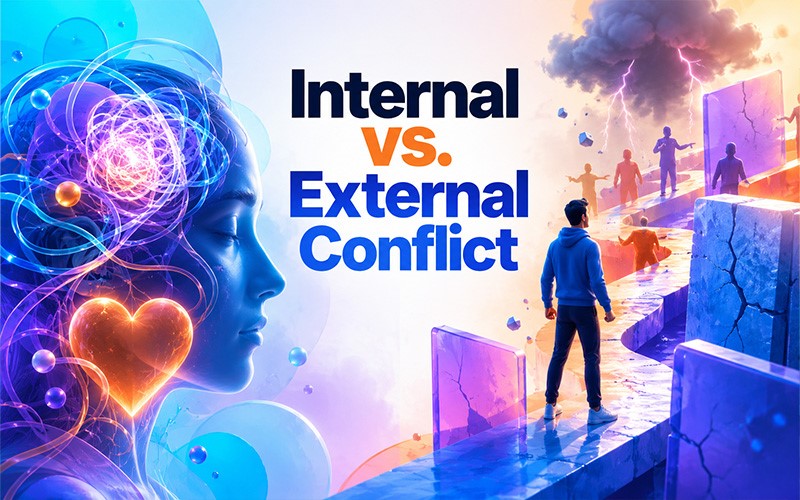 Internal vs. external conflict examples showing a character’s emotional struggle and obstacles from outside forces.