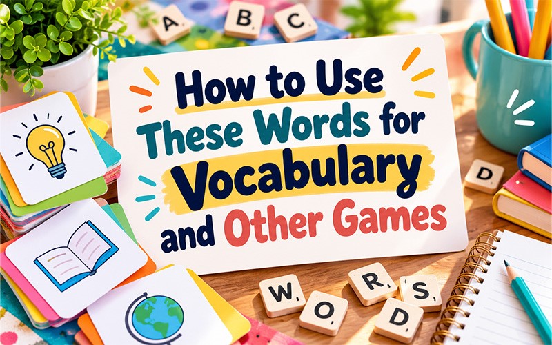 Learning materials and letter tiles showing how to use 5 letter words with no repeating letters for vocabulary practice and other word games.