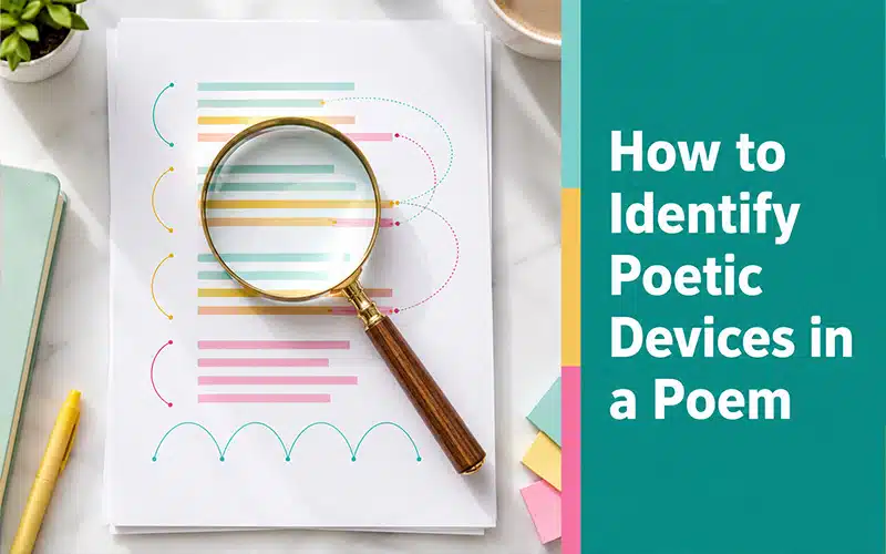 Magnifying glass examining highlighted poem lines and annotations, illustrating how to identify poetic devices in a poem.