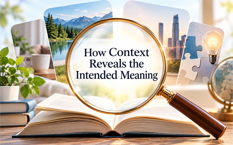 Magnifying glass over an open book showing how context reveals the intended meaning of words with multiple meanings.