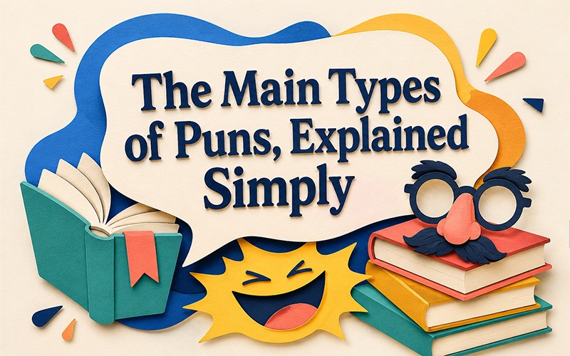 Main types of puns explained with books, humor, and visual pun examples.