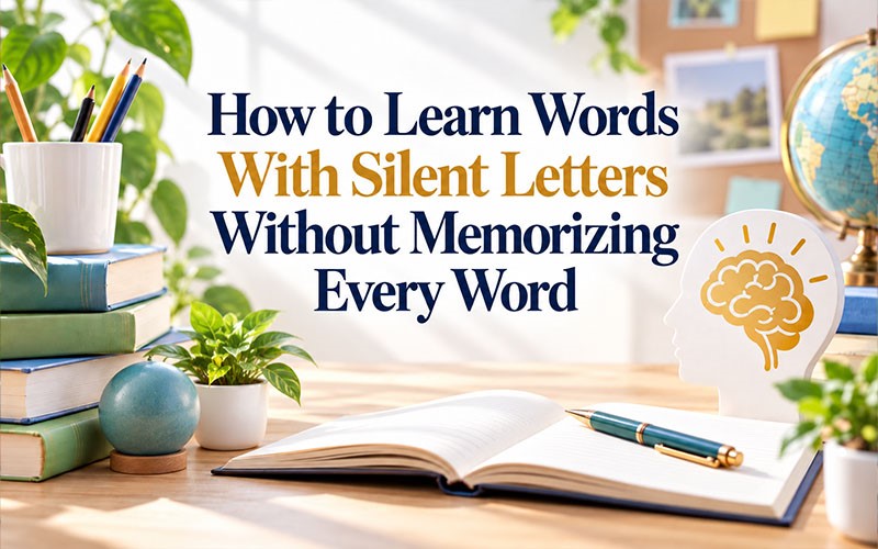 Open book and learning symbols showing how to learn words with silent letters in English without memorizing every word.