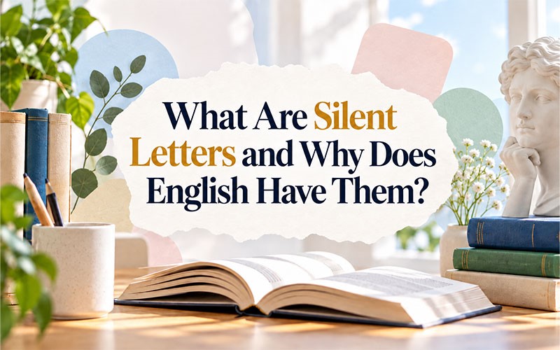 Open book illustrating what silent letters are and why English has them, explaining the use of words with silent letters in English.