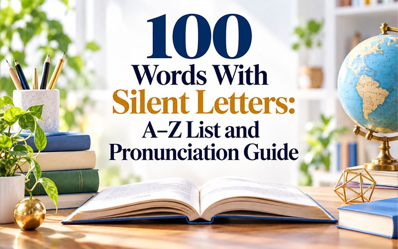Open book showing 100 words with silent letters, an A–Z list, and pronunciation guide for learning words with silent letters in English.
