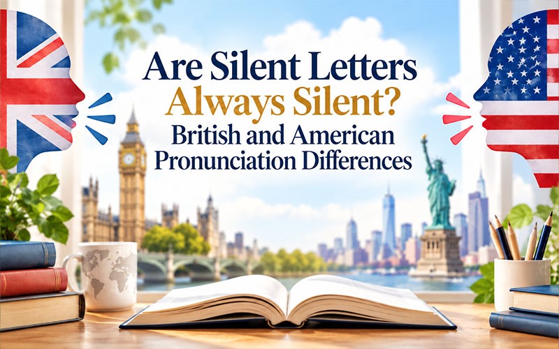 Open book showing British and American pronunciation differences and explaining how silent letters are used in English words.