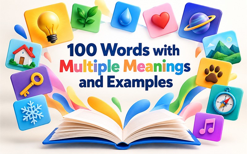 Open book surrounded by colorful icons illustrating 100 words with multiple meanings and examples in English.