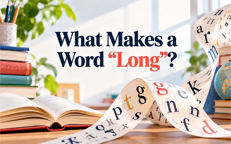 Open book with a flowing page of letters illustrating what makes words long and explaining the concept behind the longest words in English.