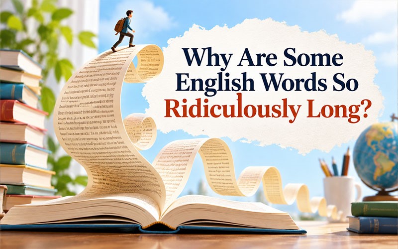 Open book with a flowing page of text illustrating why some English words become unusually long and how the longest words in English are formed.