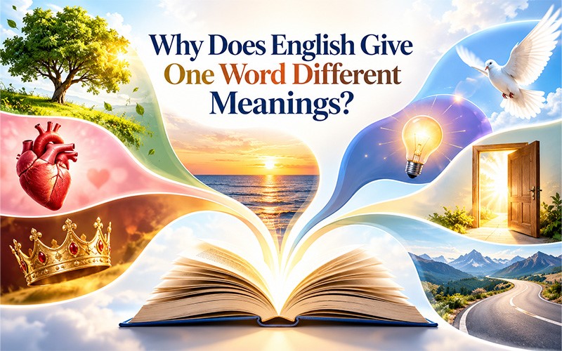 Open book with a tree, heart, crown, light bulb, dove, doorway, and road illustrating why English words with multiple meanings develop different senses.