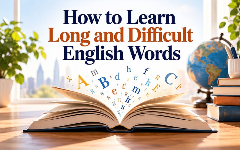 Open book with floating letters illustrating how to learn long and difficult English words, including strategies for understanding the longest words in English.