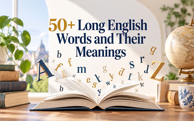 Open book with floating letters illustrating 50+ long English words and their meanings as part of the longest words in English.