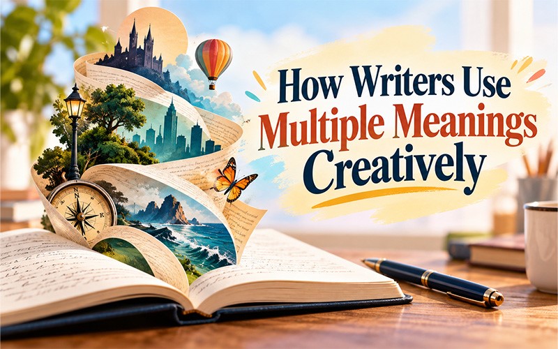 Open book with imaginative scenes illustrating how writers use words with multiple meanings creatively in storytelling and language.