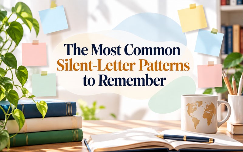 Open book with notes and text illustrating common silent-letter patterns to remember when learning words with silent letters in English.