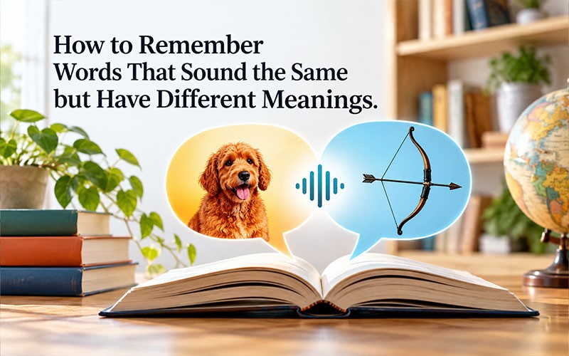 Open book with speech bubbles showing a dog and bow to illustrate how to remember words that sound the same but have different meanings.