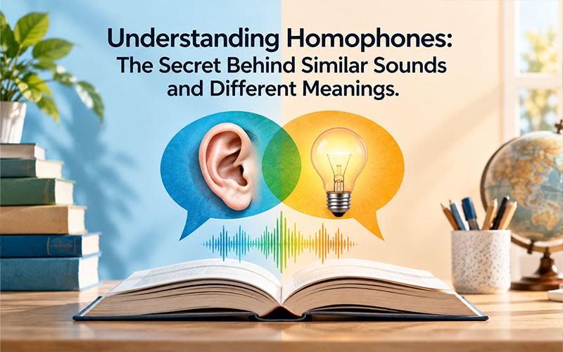 Open book with speech symbols, sound waves, and icons illustrating homophones with similar sounds and different meanings in English.