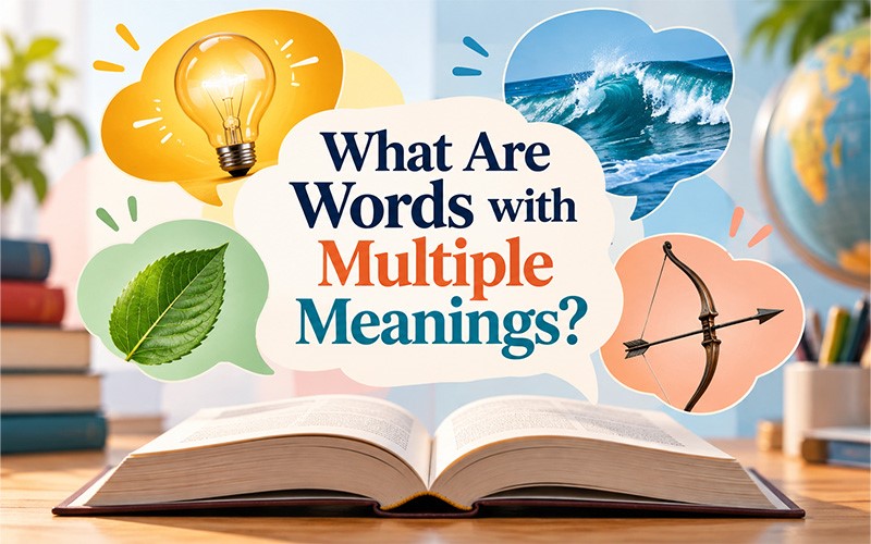 Open book with visual symbols illustrating words with multiple meanings, including light, wave, leaf, and bow examples.