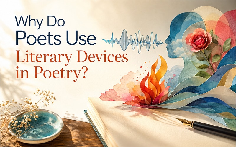 Open poetry notebook with a fountain pen, layered artistic shapes, a rose, flame, and sound waves illustrating why poets use literary devices in poetry.