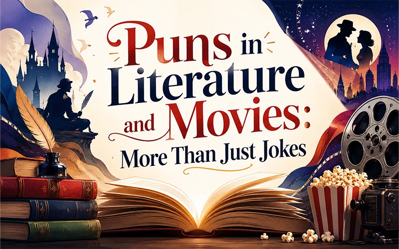 Puns in literature and movies with books, film imagery, and pun examples showing how wordplay adds humor and meaning.
