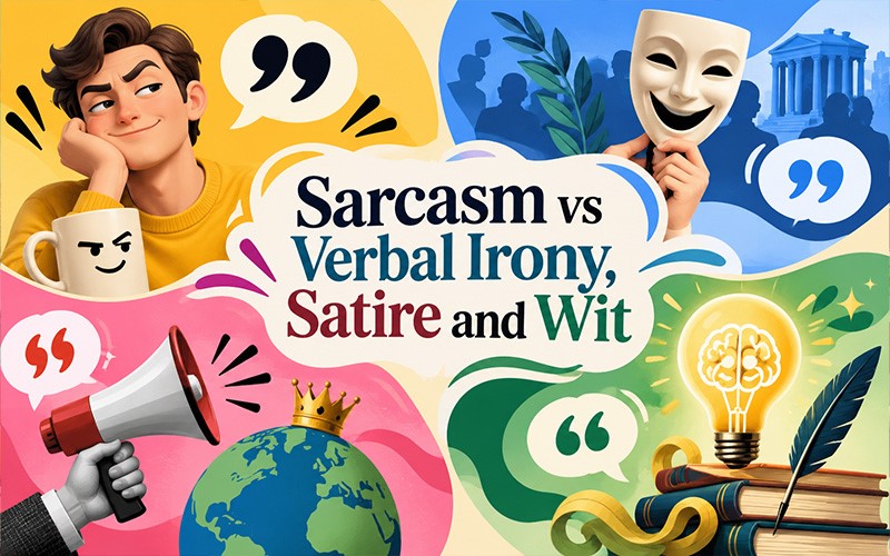 Sarcasm vs verbal irony, satire, and wit explained with visual sarcasm examples and literary devices.