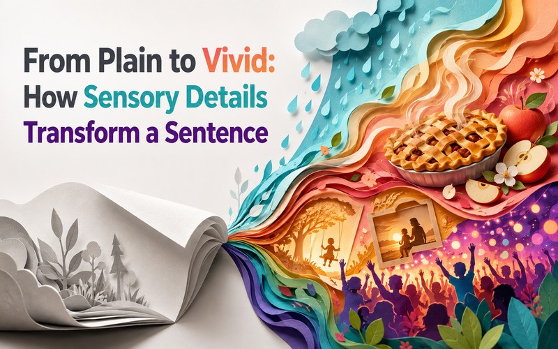 Sensory details examples showing how sight, sound, smell, taste, and touch transform plain sentences into vivid writing.