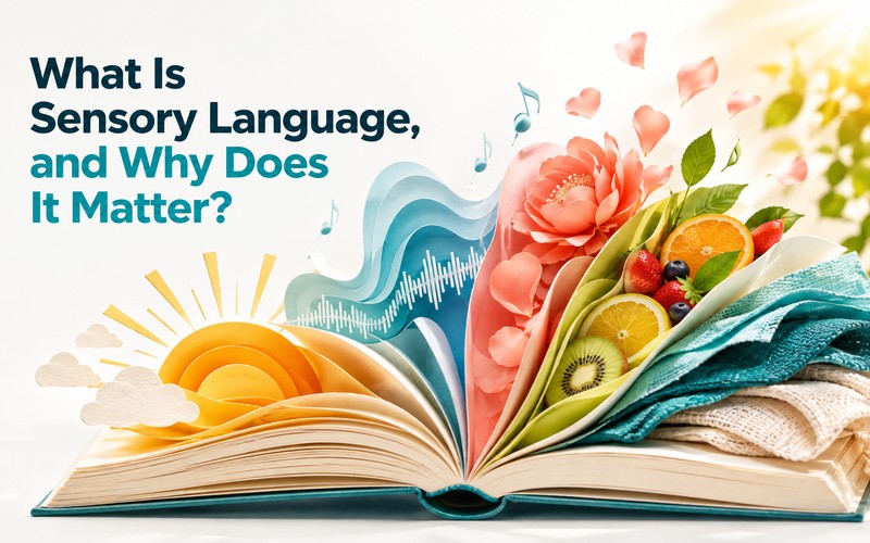 Sensory language in writing illustrated through an open book with sight, sound, smell, taste, and touch elements.
