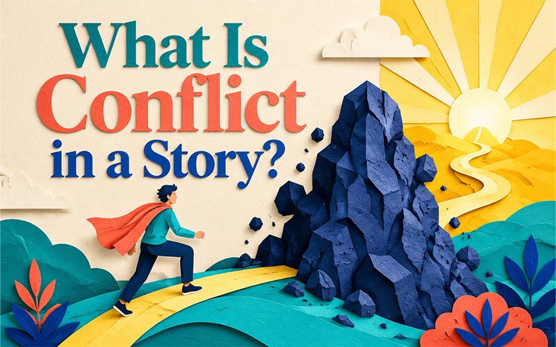 Story conflict example showing a character facing an obstacle that blocks the path toward their goal.