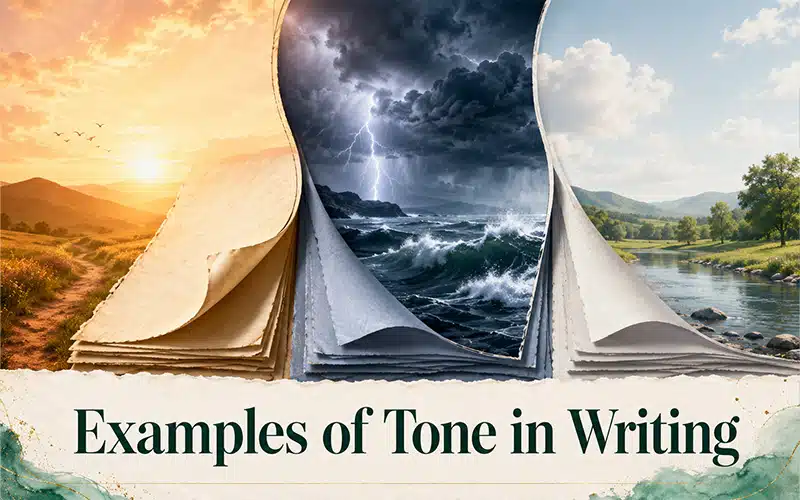 Three contrasting landscapes showing warm, stormy, and calm scenes as examples of tone in writing and how different tones shape mood.