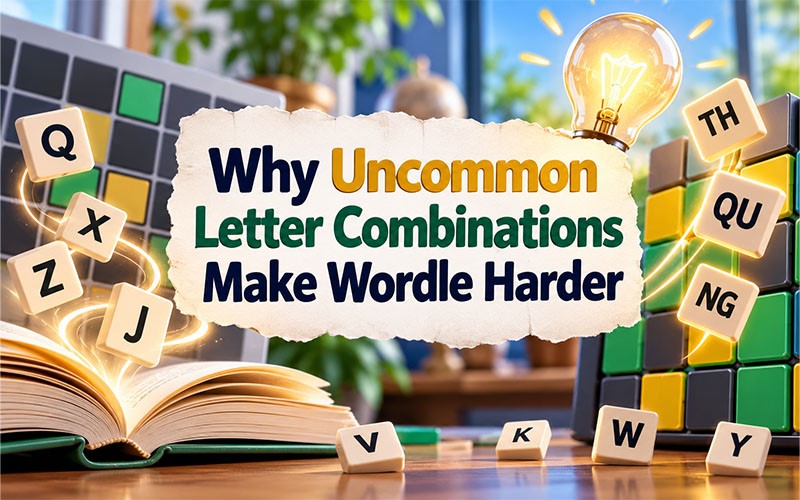 Uncommon letter combinations in Wordle featuring Q, X, Z, J, TH, QU, and NG tiles around a colorful Wordle puzzle board.