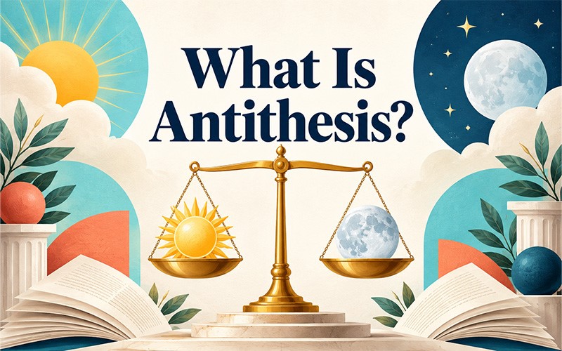 What is Antithesis explaining antithesis examples through balanced opposing ideas, a scale with contrasting elements, and literary concepts represented by open books.
