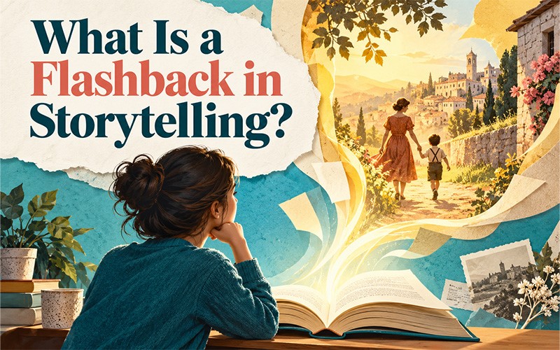 What is a Flashback in Storytelling explaining flashback examples through a reader, open book, and visual memories representing past events in stories.