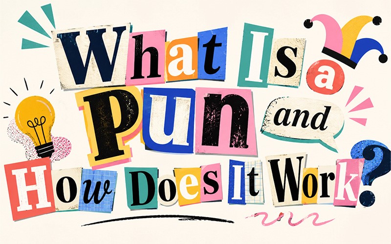 What is a pun and how does it work, illustrated with colorful wordplay and pun examples.