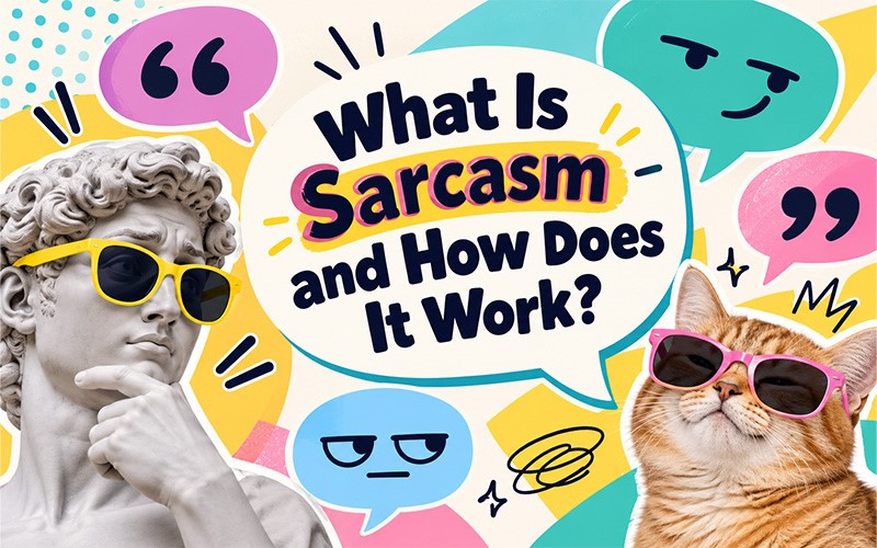 What is sarcasm and how it works, illustrated with expressive characters and sarcasm examples.
