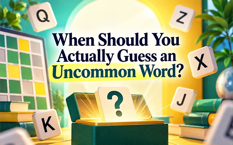 When to guess an uncommon word in Wordle featuring Q, X, Z, and J letter tiles with a question-mark tile and Wordle puzzle grid.