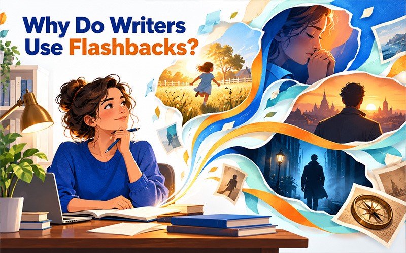 Why do writers use flashbacks showing flashback examples through a writer creating a story with visual memories, past events, and storytelling elements.
