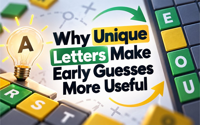 Wordle-style tiles and a light bulb showing why unique letters make early guesses more useful when using 5 letter words with no repeating letters.