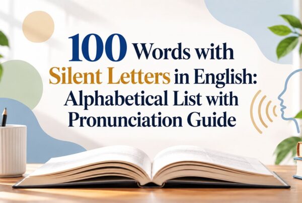 open book and sound icon representing 100 words with silent letters in English with an alphabetical pronunciation guide.